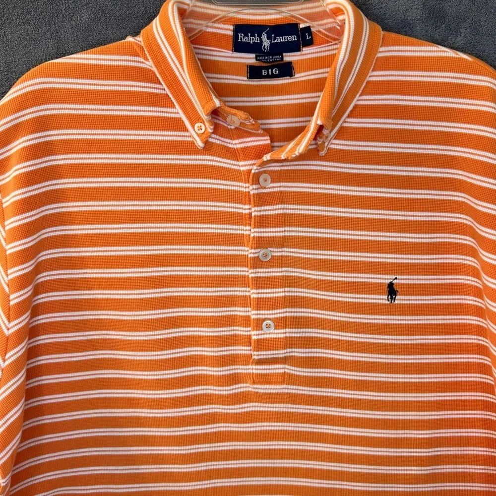 Ralph Lauren Mens Big Large Waffle Knit Polo Orange White Striped Shirt